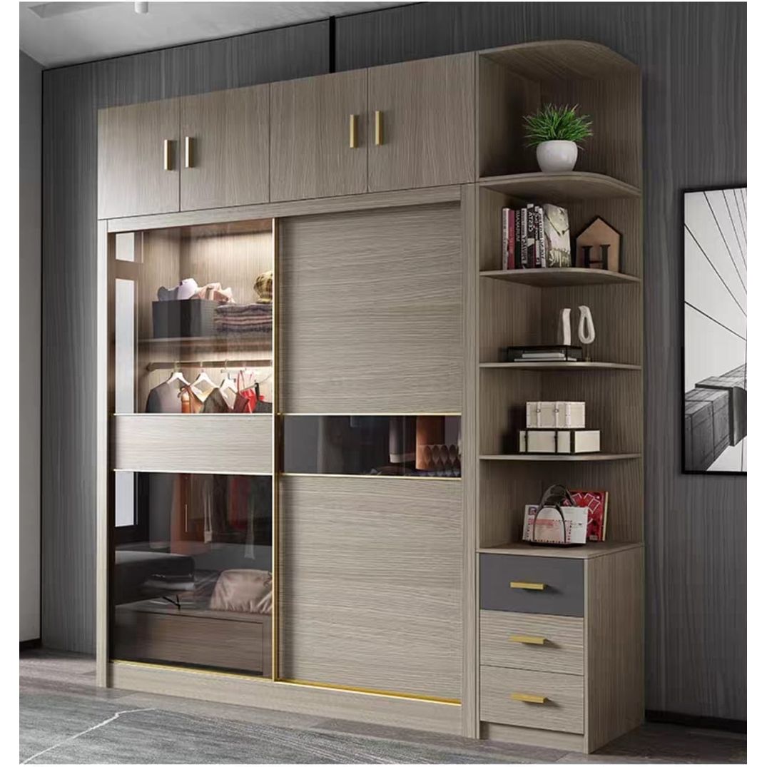 银橡金配茶玻璃璃趟门衣柜